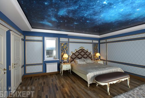 натяжной потолок с фотопечатью в спальне